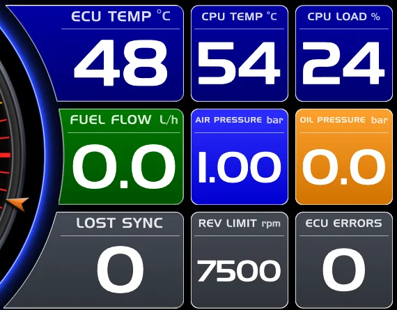 Riquadri dati reali: temperature ECU e CPU, flusso carburante, pressioni